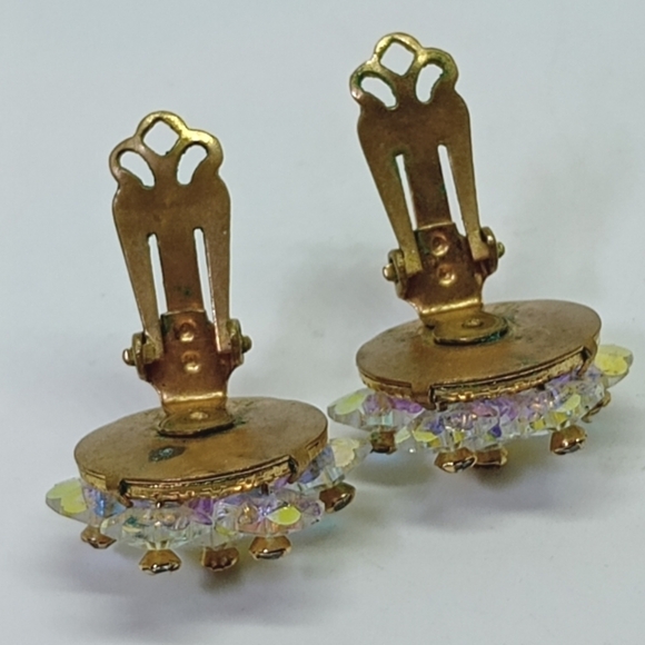 * vintage yellow & clear AB crystal rivioli flower shape clip on earrings - Picture 4 of 6